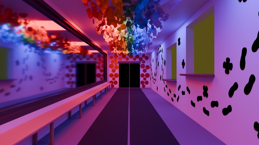 Render — mid-hallway under the rainbow ceiling