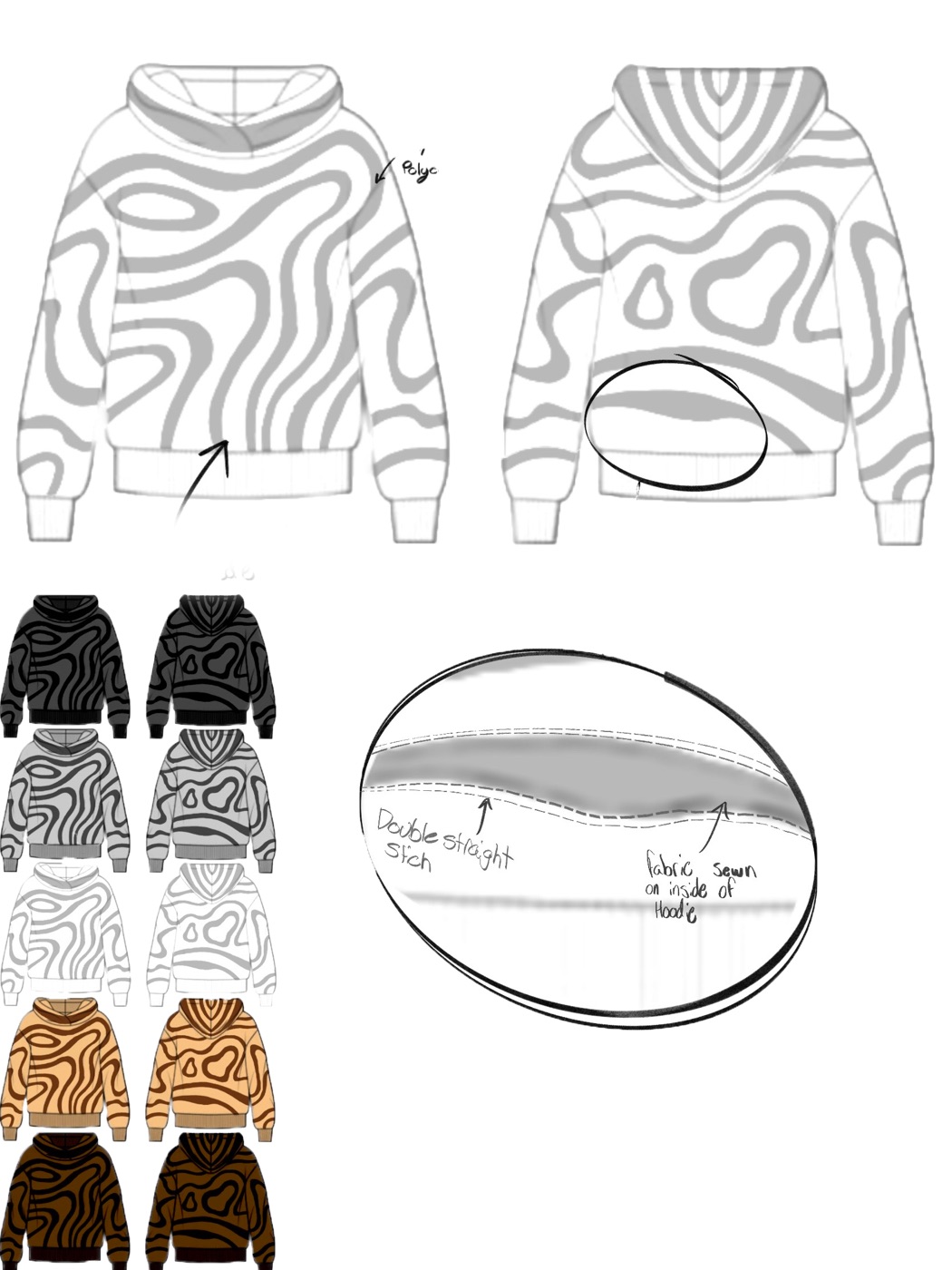 Tech pack — flats, five colorways, and stitch construction details